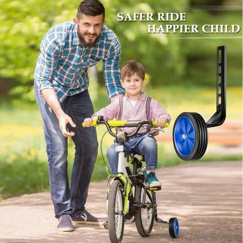 Child riding bike with Bicycle Training Wheel Kit With Heavy Duty Support Bracket And Adjustable Wheel Design
