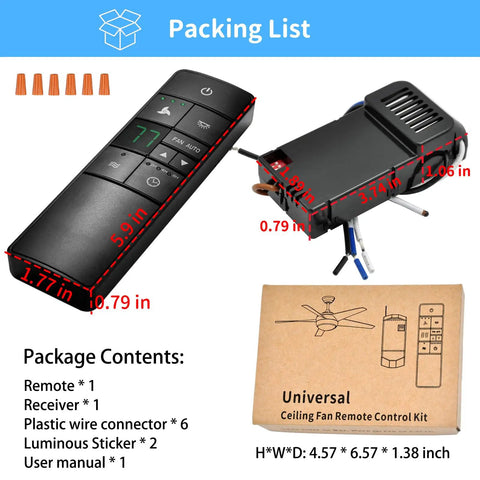 Universal Ceiling Fan Remote Kit With Speed Control Timer and Dimmer Plug In 110V AC Replacement for Most 3 Speed Fans packaging.