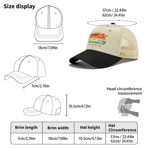 Sizing guide for RV Pilot Vibes Camper Road Trip Trucker Hat For Adventure Lovers Adjustable Back Buckle Cap With Comfortable Fit Built For RV Life Travel Vacation And Everyday Outdoor Fun.