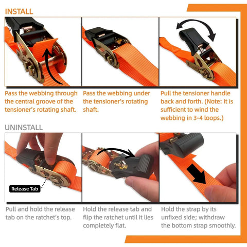 Instructional guide for Trucker Grade Ratchet Tie Down Straps 8 Pack One Inch By 16 Feet with installation and uninstallation steps.