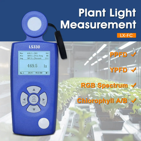 All In One Light Meter For Illuminance PPFD UV Index And Flicker Analysis High Precision Lux Meter And Color Temperature CRI Tester For LED Grow Lights And Indoor Agriculture, blue handheld meter in greenhouse