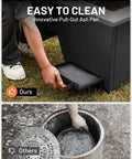 Portable 35 Inch Smokeless Fire Pit For Outdoors With Carry Handle Stainless Steel Pellet Fire Pit For Outside Wood Burning Ideal For Backyard Patio Hangouts Bonfires Low Smoke Design With Enhanced Airflow For Up To 6 People Black, showing innovative pull-out ash pan and cleaning comparison with another model.