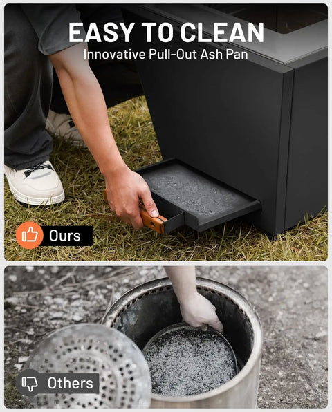 Portable 35 Inch Smokeless Fire Pit For Outdoors With Carry Handle Stainless Steel Pellet Fire Pit For Outside Wood Burning Ideal For Backyard Patio Hangouts Bonfires Low Smoke Design With Enhanced Airflow For Up To 6 People Black, showing innovative pull-out ash pan and cleaning comparison with another model.