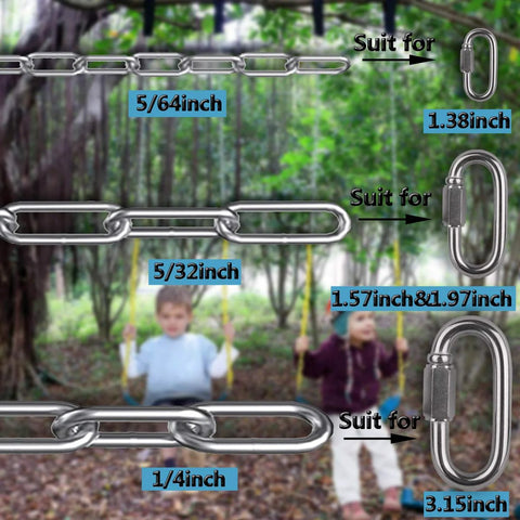 Stainless steel link chain with carabiner connectors; sizes 5/64, 5/32, and 1/4 inch.