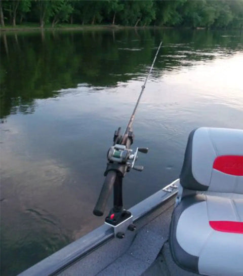 90 Degree Boat Track Rod Holder Extender for Versatrack Lund Ranger Lowe Gunnel Systems Marine Grade Aluminum Right Angle Bracket Six And One Half Inch Extension mounted on boat gunnel