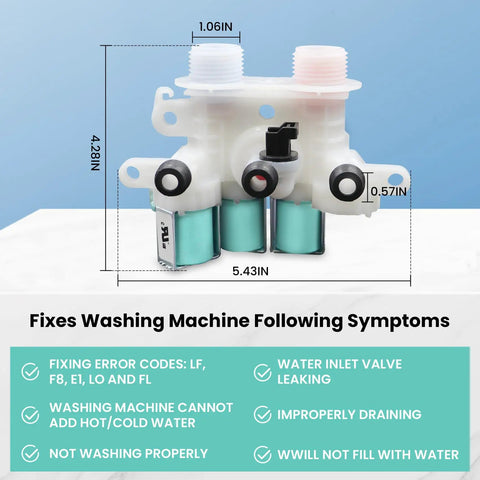 Heavy Duty Washing Machine Water Inlet Valve 120V 60Hz Dual Port with measurement details for direct replacement models