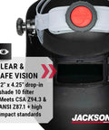 Close-up of PL280 Pipeline Welding Hood With Shade 10 Flip Front, ANSI Z87.1, focus on lens and certification details.