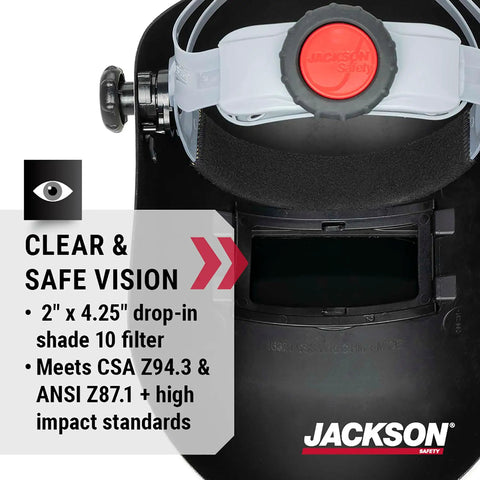 Close-up of PL280 Pipeline Welding Hood With Shade 10 Flip Front, ANSI Z87.1, focus on lens and certification details.