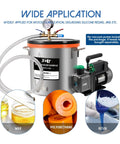PB Motor Tech 9-Gallon stainless steel vacuum chamber with tempered glass lid and orange seal, connected to vacuum pump