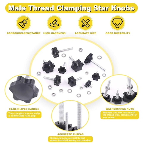 Top Shelf M4 M6 M8 Star Knob Assortment With 304 Stainless Steel Hex Nuts And Washers featuring black star knobs and washers.