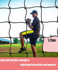 Baseball player pitching behind batting cage net, 1.75in mesh, part of Batting Cage Net Repair Kit 6 By 7 Foot Heavy Duty HDPE 60 Ply