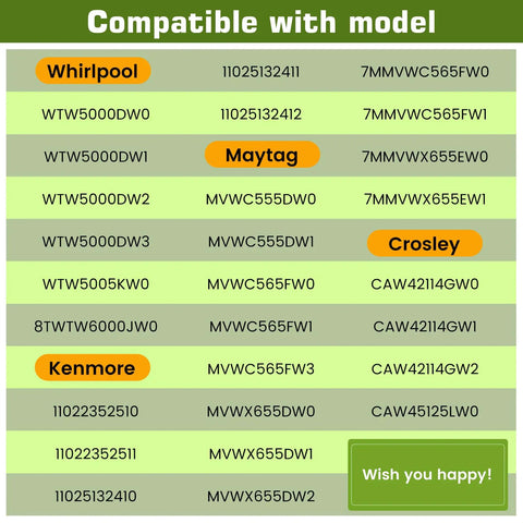 Washer Suspension Rod Kit Replacement compatibility chart with Whirlpool, Maytag, Kenmore, Crosley models listed.