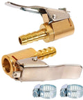 Lock On Air Chuck With Clip For 1/4 Inch Pro Grade Brass Portable Tire Inflator Nozzle Presta Valve Adapter And Tire Chucks For Air Compressors Barb Connector 2 Pack shown with metal clips