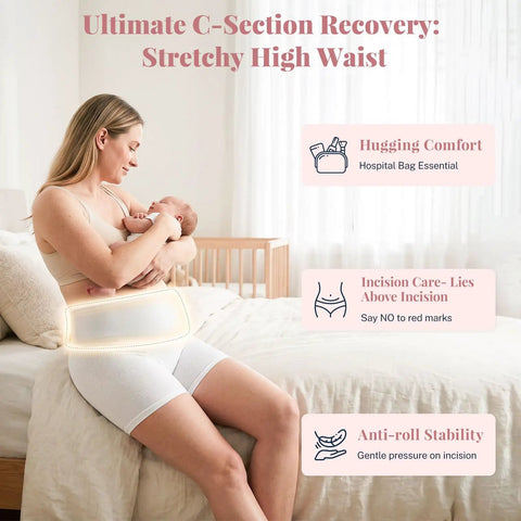 No Cap This Postpartum Recovery Maternity Underwear Is A Heckin Solid C Section Safe High Waist Breathable Mesh Panty Set on a woman holding a baby.