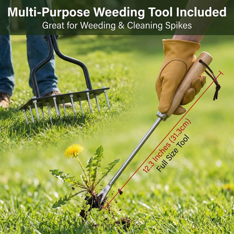 Person using 15 Thick Spikes Lawn Aerator Tool With Weldless U Shaped Handle for weeding in grass