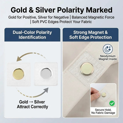 Image showing gold and silver polarity marked hidden magnetic sewing snaps 1.18-Inch for fabric protection and secure closure.
