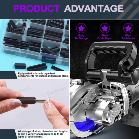 Black Metric Roll Pin Set With Storage Case 13 Sizes From M1.5 To M6 Slotted Steel Roll Pins For Automotive Repair And Mechanical Fastening Handy 415Pcs Dowel Tension Pins Kit For Pros And DIYers, shown with organized storage case, black oxide finish.