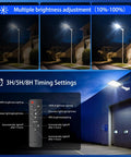 Heavy Duty Solar Street Light Outdoor with remote control showing brightness adjustment and timing settings, commercial use image.