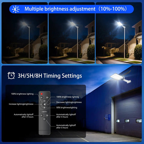 Heavy Duty Solar Street Light Outdoor with remote control showing brightness adjustment and timing settings, commercial use image.