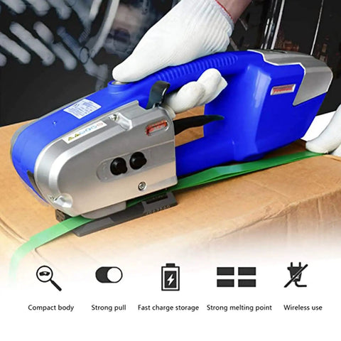 Powerful Portable Electric Strapping Machine With Battery Power For Pet Pp Straps securing green strap on cardboard box.