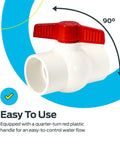 2x2 Inch Slip Schedule 40 PVC Quarter Turn Ball Valve with red handle for inline plumbing, 150 PSI rated, side view