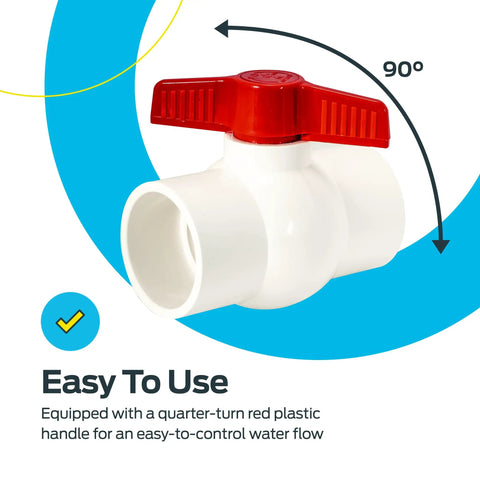 2x2 Inch Slip Schedule 40 PVC Quarter Turn Ball Valve with red handle for inline plumbing, 150 PSI rated, side view