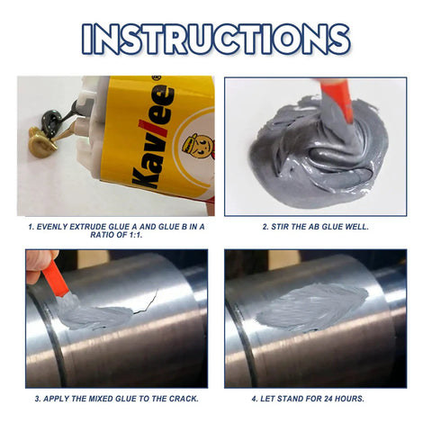 Step-by-step instructions applying High Temperature Metal Casting Glue for repairs and heat resistant liquid welding filler on metal.