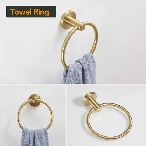 All-In-One Bathroom Accessories Set With Adjustable 16 To 26 Inch Towel Bar, Towel Ring, Toilet Paper Holder And Towel Hook, Wall Mounted Stainless Steel Brushed Gold Fixtures, Rustproof, Durable towel ring holding blue towel