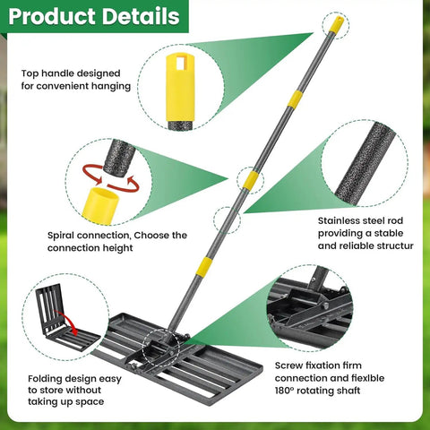 Product details of Heavy Duty Lawn Leveling Rake With 30 By 10 Inch Foldable Leveler Plate And 6 Foot Adjustable Handle