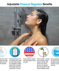 Front view of shower with chrome handheld showerhead on adjustable rail in a modern bathroom.