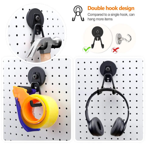 Heavy Duty Magnetic Hooks Set Of 3 For Garage And Workshop Industrial Grade Hangers To Hold Hammer Tools Drills Garden Hose And More Rubber Coated To Prevent Scratches On Surfaces For Indoor Or Outdoor Use showing double hook design with tools and accessories hanging.