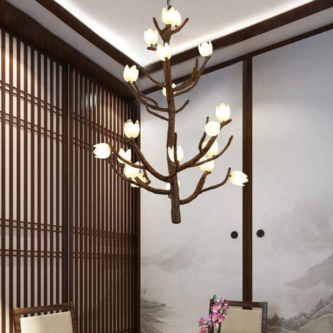 Top Shelf Chinese Magnolia Branch Chandelier, Killer Pendant Light Featuring Smooth Anti Corrosion Finish, Hella Bright Statement Ceiling Fixture For Restaurant Kitchen Island And Cozy Home Decor in modern dining room setting.