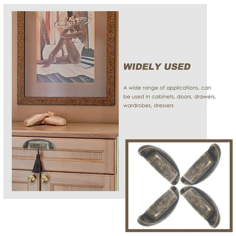 Vintage Bronze Metal Shell Cabinet Handles Set Four Pack Retro Drawer Pulls for Kitchen Cupboards and Dressers displayed on cabinet.