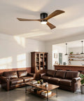 Neojoyoenix 52" Flush Mount Solid Wood Blades Ceiling Fan with Lights Remote Control,Quiet DC Motor in matte black above a living room.
