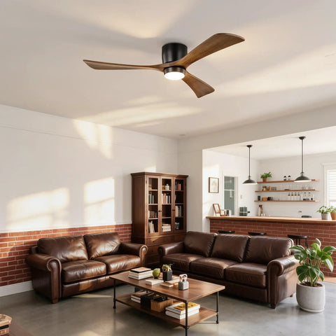 Neojoyoenix 52" Flush Mount Solid Wood Blades Ceiling Fan with Lights Remote Control,Quiet DC Motor in matte black above a living room.