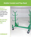 Heavy Duty Mobile Conduit And Pipe Rack Featuring Badass Seven Bin Jobsite Organizer With Hella Smooth Swivel Casters Fully Foldable Stackable Setup For Crews in green with hooks and wheels.
