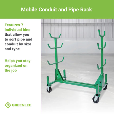 Heavy Duty Mobile Conduit And Pipe Rack Featuring Badass Seven Bin Jobsite Organizer With Hella Smooth Swivel Casters Fully Foldable Stackable Setup For Crews in green with hooks and wheels.