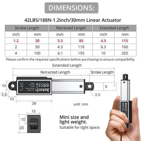 Mini Linear Actuator 12V IP54 Waterproof 42 Lbs 188N Stroke 1.2 In 30 Mm 5 Mm Per Sec Speed Ultra Compact 85 Mm Install Length to 115 Mm Max Extended 4.5 In for DIY Projects with dimensions chart and hand scale