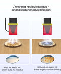Ray5 laser air‑assist kit diagram: left shows installed red air module with tubing; right shows no kit.
