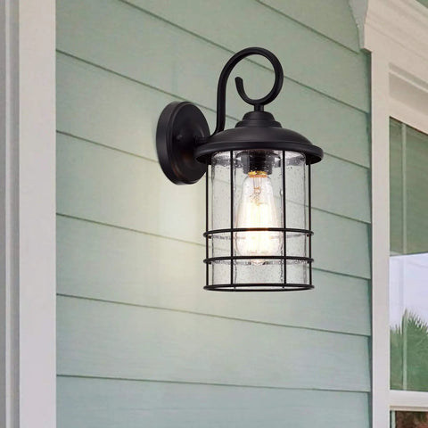 Two Pack Outdoor Wall Lanterns Built To Last With Matte Black Finish Anti Rust Exterior Sconces Clear Seedy Glass Waterproof
