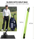 Golfer with Adjustable Golf Alignment Stick Holder With 48 Inch Collapsible Alignment Sticks next to golf bag on course