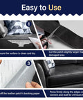 Instructions on applying the Self Adhesive Leather Repair Patch Tape For Cars Seats And Furniture Heavy Duty Vinyl Patch For Couches And Sofas Waterproof Tear Fix 8 By 11 Inch Sheet Two Pieces Beige Easy Do It Yourself Patch That Sticks Without Heat, including cleaning, cutting, peeling, and pressing steps on a sofa.