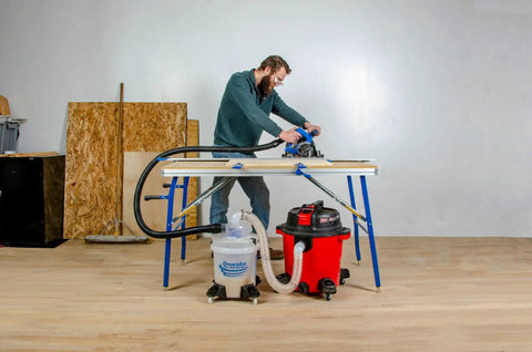 Dust Deputy Low Profile Space Saving Deluxe Lid Dust Separator Kit With Clear Five Gallon Bucket connected to a shop vacuum in use
