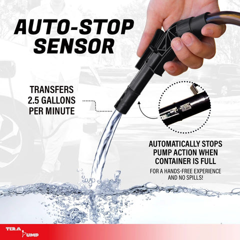 TERA PUMP TRFA01-XL battery-powered fuel transfer pump with auto-stop sensor and 4.27 ft vinyl hose