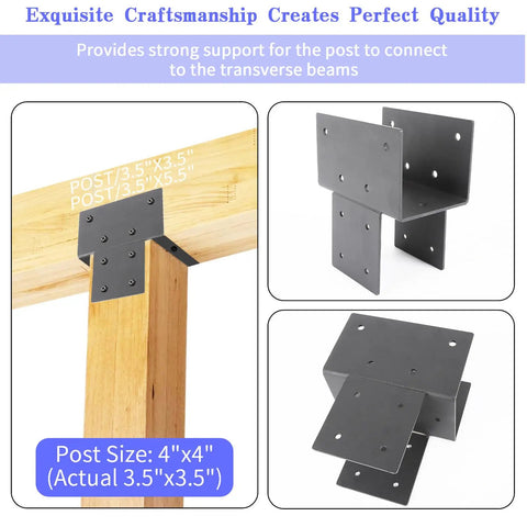Beefy Inside Mount Post Cap Tie Bracket For Wood Posts, Heavy Duty Galvanized Steel Pergola Connector, Fits 3.55 x 3.55 Inch Posts, Black Post Anchor, 1 Pack