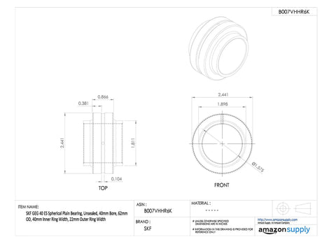 Pro Level Unsealed Spherical Plain Bearing Geg 40 Es with 40 mm Bore and 62 mm Outer Diameter, technical drawing.