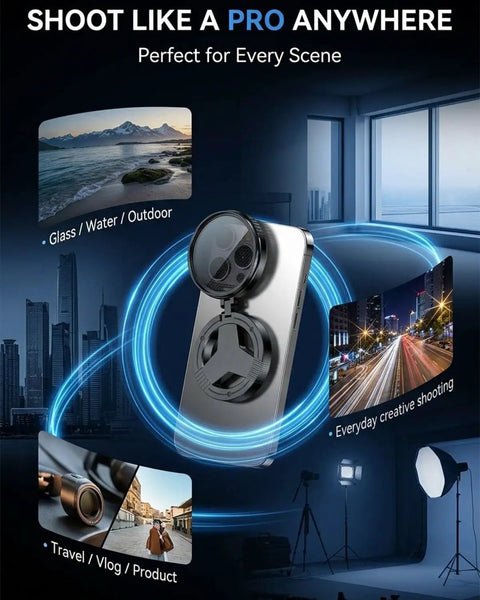 Anti-Glare Magnetic Phone Filter 2 In 1 CPL And Star Filter for iPhone, shown in various photography scenarios.