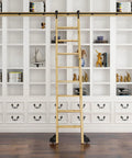 Library Sliding Ladder Hardware Kit 3.3 to 26.2 Ft Track System Black Carbon Steel Roll Hardware for home use installed on bookshelf.