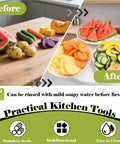 FANTEXY stainless steel crinkle cutter with wave blade; before/after collage of sliced potatoes, carrots, and fruits.