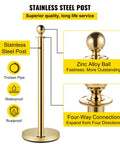 Gold Stanchions With Velvet Ropes Set Of 4, solid concrete base, stainless steel posts, highlighting zinc alloy ball and connections.